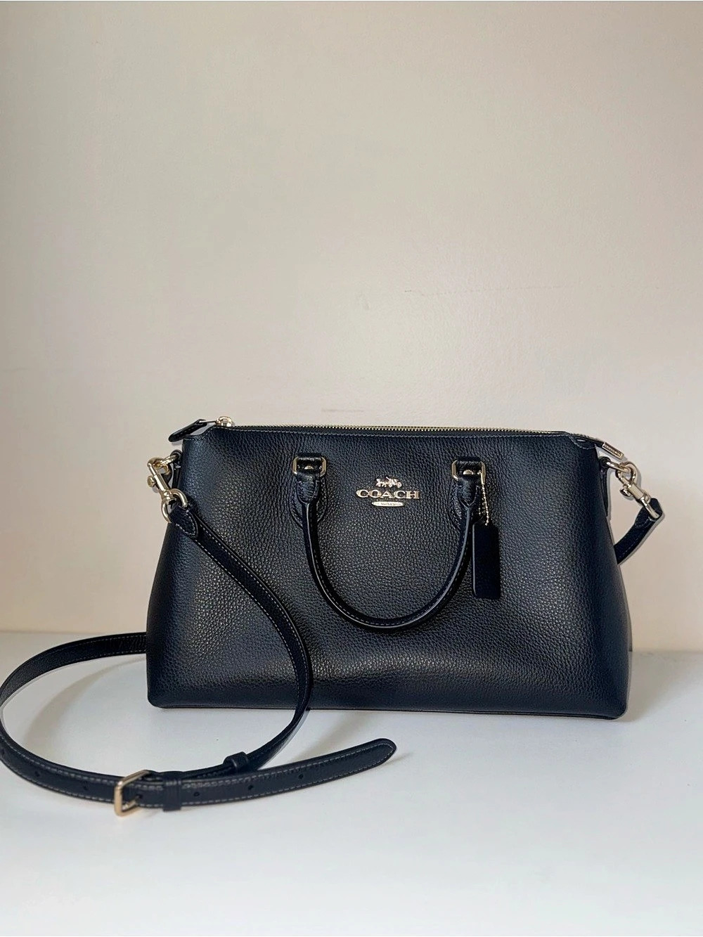 COACH Georgia Satchel in Black Pebble Leather with Gold Hardware